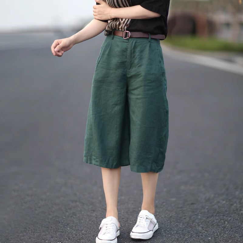 Pantaloni casual oversize cropped in lino e cotone, stile largo e slim, donna, pantaloni corti larghi Valstrend.