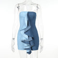 Vestito donna Valstrend con volant, patchwork colorato a contrasto, stile femminile e alla moda.