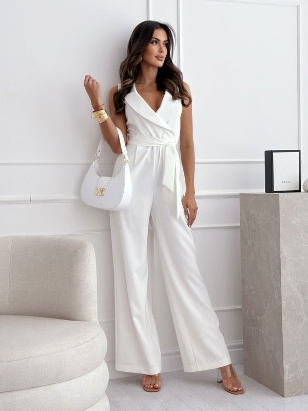 Tuta senza maniche con scollo a V, cintura in vita e dettagli in pizzo, donna Valstrend, stile elegante e comodo