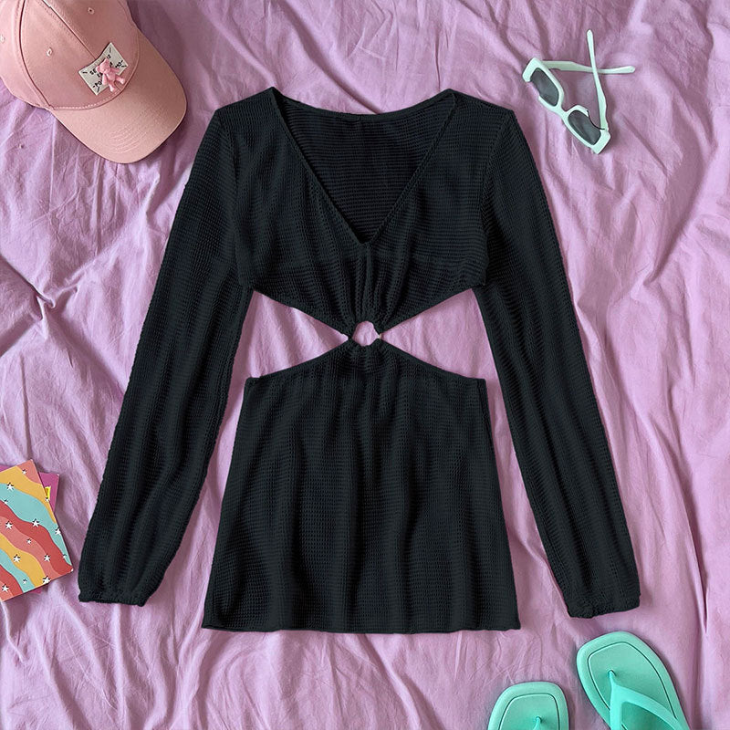 Costume da bagno donna Valstrend con colletto rotondo, maniche lunghe in tessuto a rete, elegante e leggero.