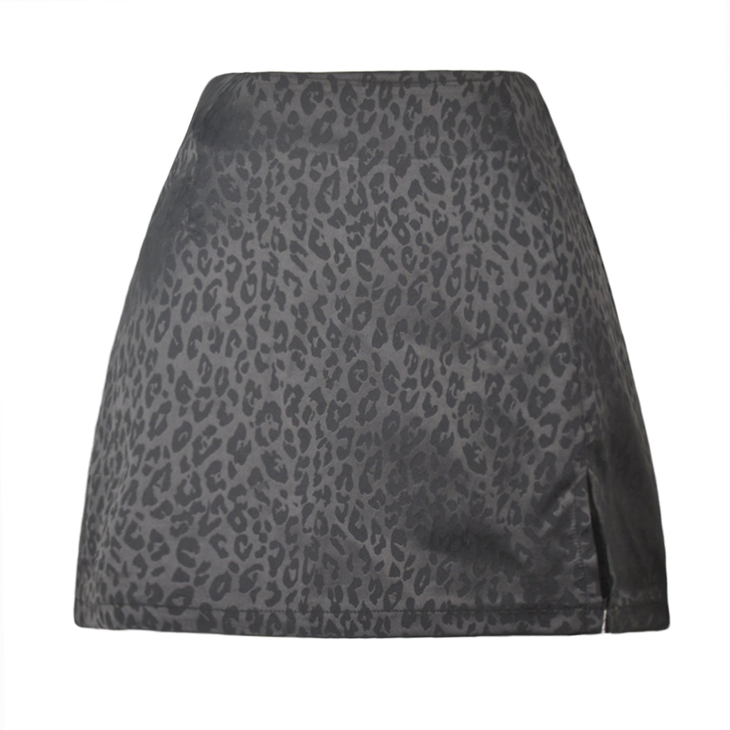 Gonna corta donna in jacquard con stampa leopardo, vita alta e spacco, moda Valstrend.