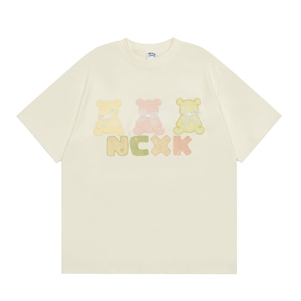 Bear Embroidery Bow Decoration Short Sleeve