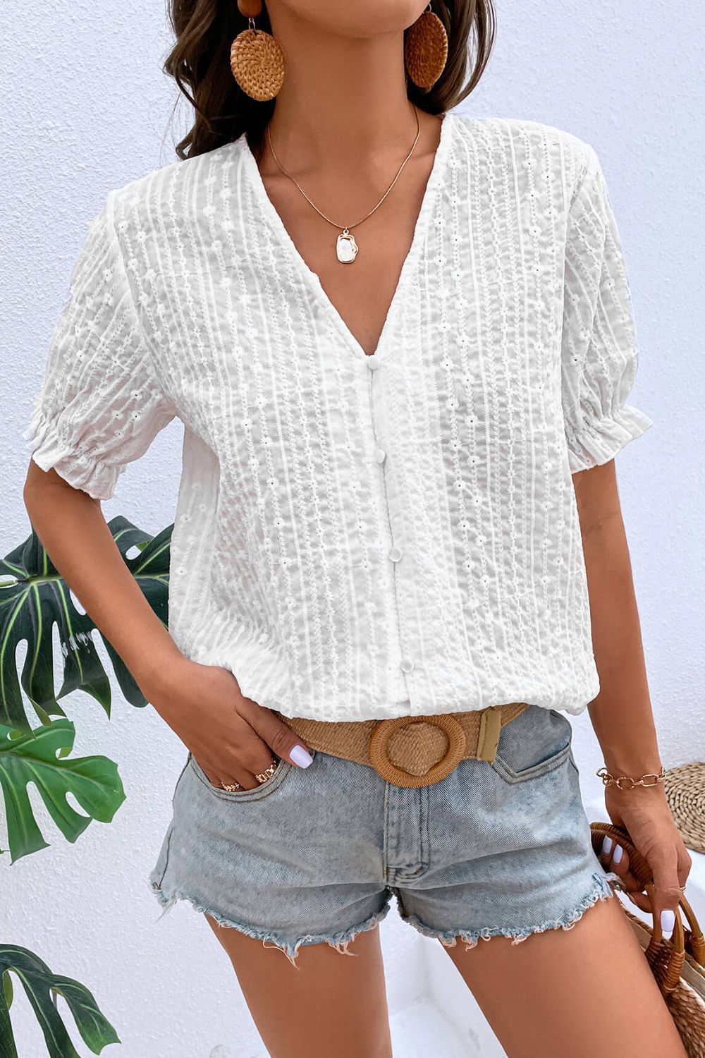 Top da donna Valstrend con maniche a sbuffo in pizzo e chiusura con fibbia, stile street casual.
