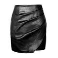 Gonna a vita alta donna Valstrend, gonna in pelle sintetica irregolare, stile moderno e alla moda, vista frontale.
