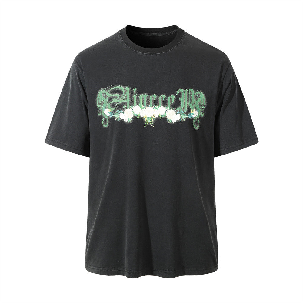 Flower Letter Print Short-sleeve Men's Summer