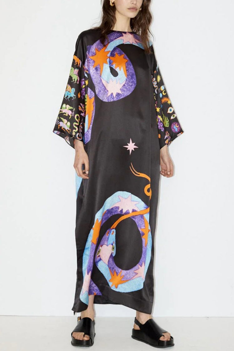 Vestito lungo da donna Valstrend con stampa retrò, maniche lunghe e vestibilità ampia, stile casual e alla moda.