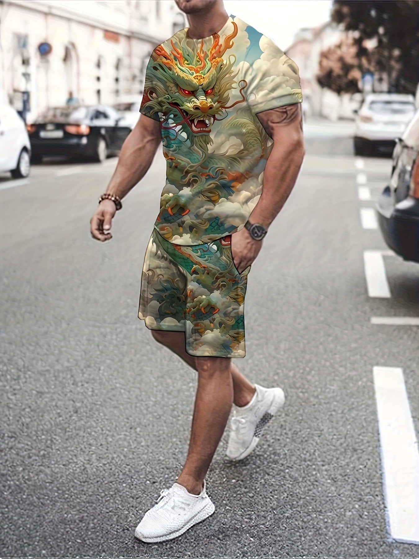 Completo uomo con maglietta e pantaloncini a stampa 3D, stile moda di Valstrend, abbigliamento casual estivo.
