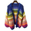 Maglione cardigan Valstrend con spesse cuciture, a righe arcobaleno e colori contrastanti, morbido e caldo.