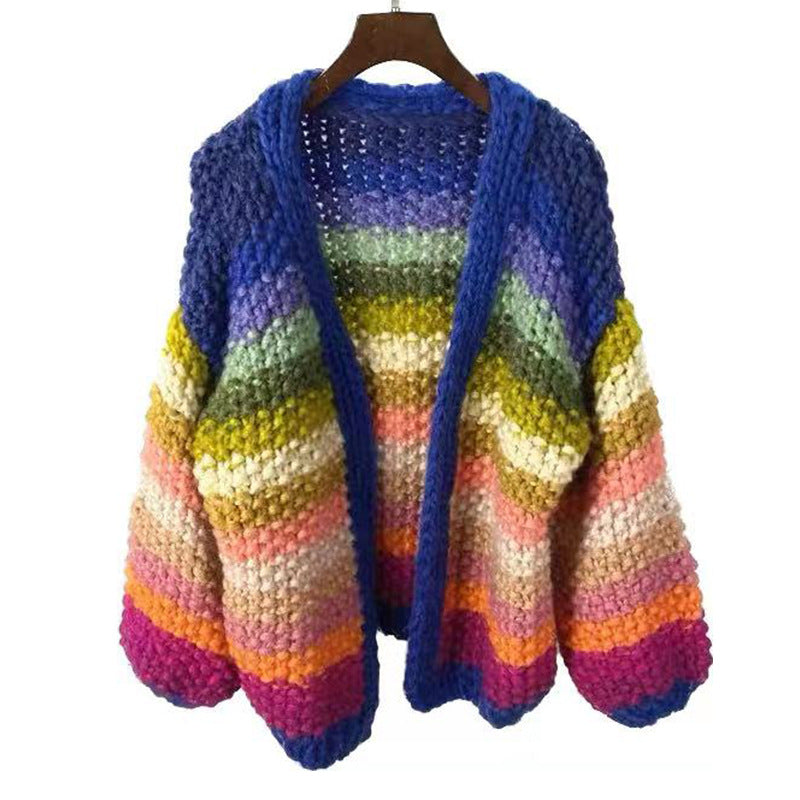 Maglione cardigan Valstrend con spesse cuciture, a righe arcobaleno e colori contrastanti, morbido e caldo.