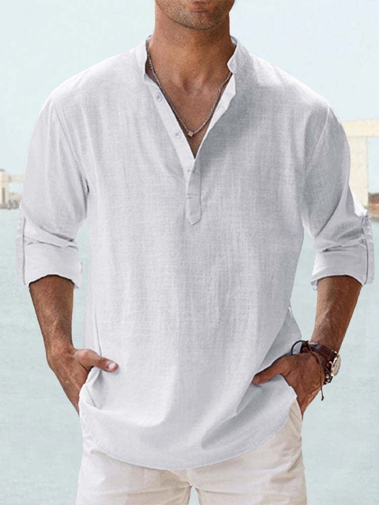 T-shirt uomo Valstrend in lino e cotone con colletto rialzato e maniche lunghe, tessuto leggero e traspirante.