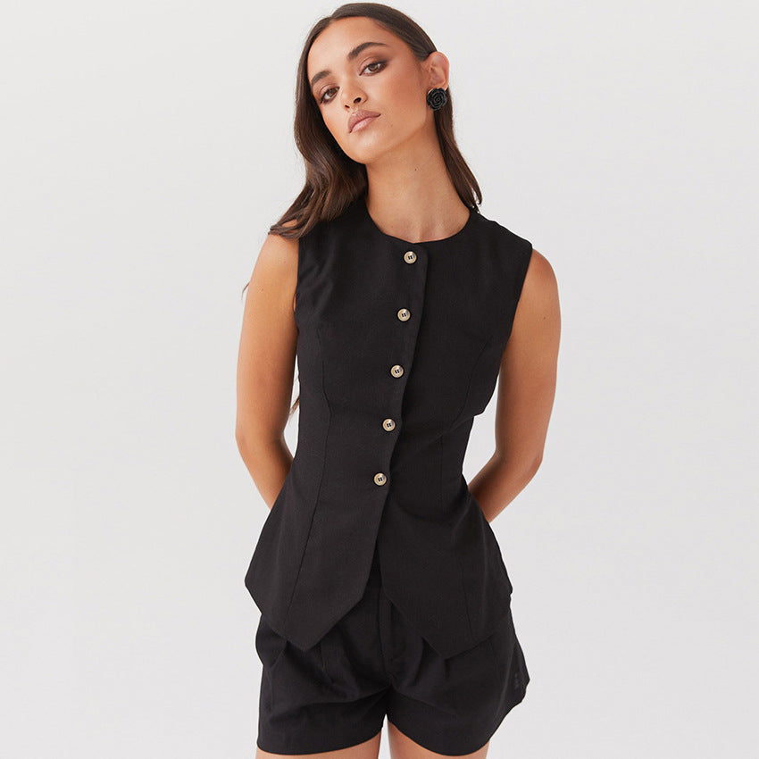 Gilet senza maniche in cotone e lino da donna, vestito Valstrend, dettagli morbidi e tessuto leggero, vista frontale