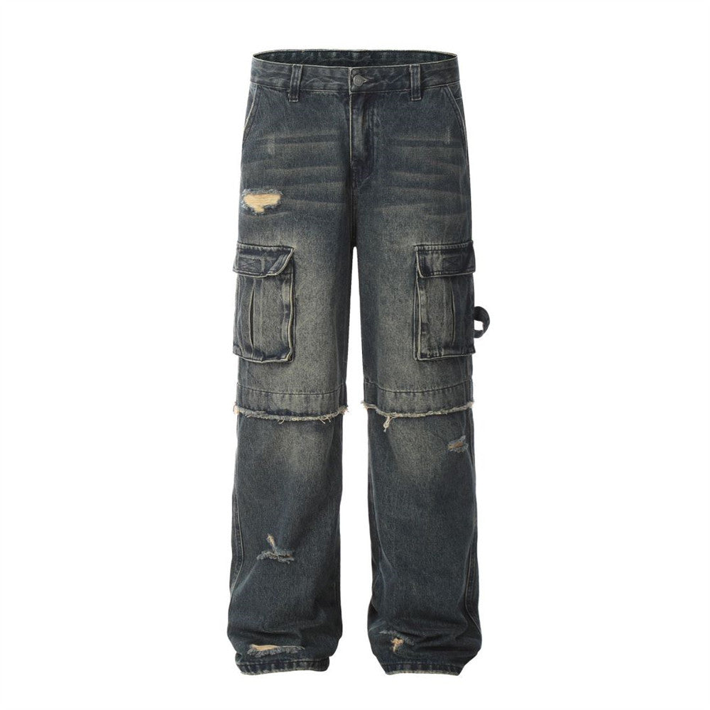 Jeans cargo punk strappati da uomo Valstrend, pantaloni in denim con dettagli destrutturati e stile ribelle.