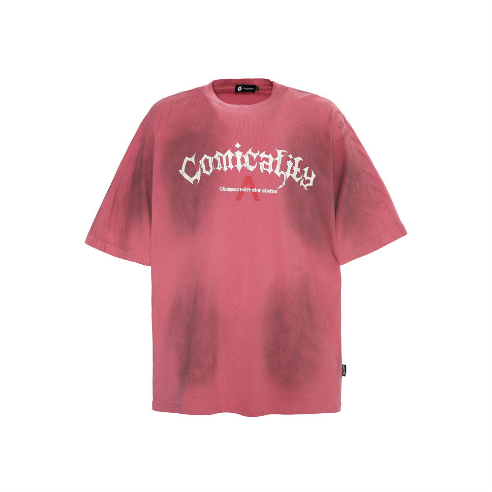 Inverted V-shaped Female Print Spray Color Short Sleeve