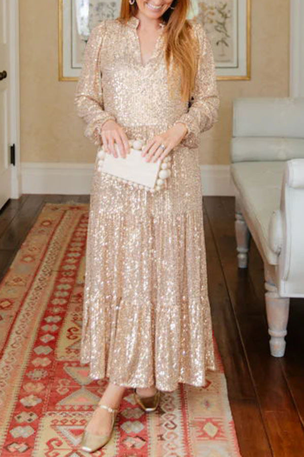 Vestito da donna lungo con paillettes, maniche lunghe e scollo a V, abito da sera elegante di Valstrend.