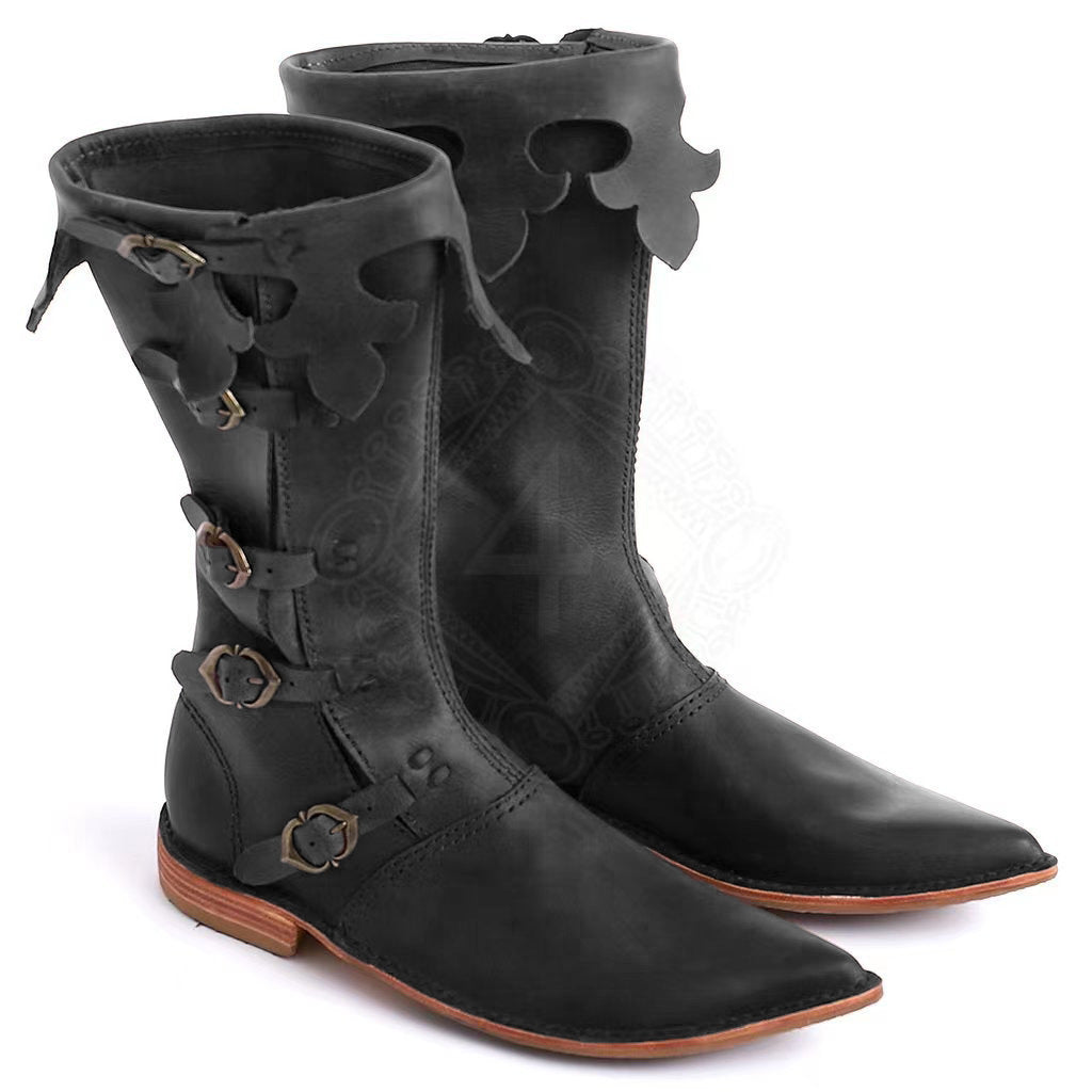 Stivaletti da uomo Valstrend Retro Renaissance con tacco quadrato in pelle marrone, stile vintage e dettagli classici.