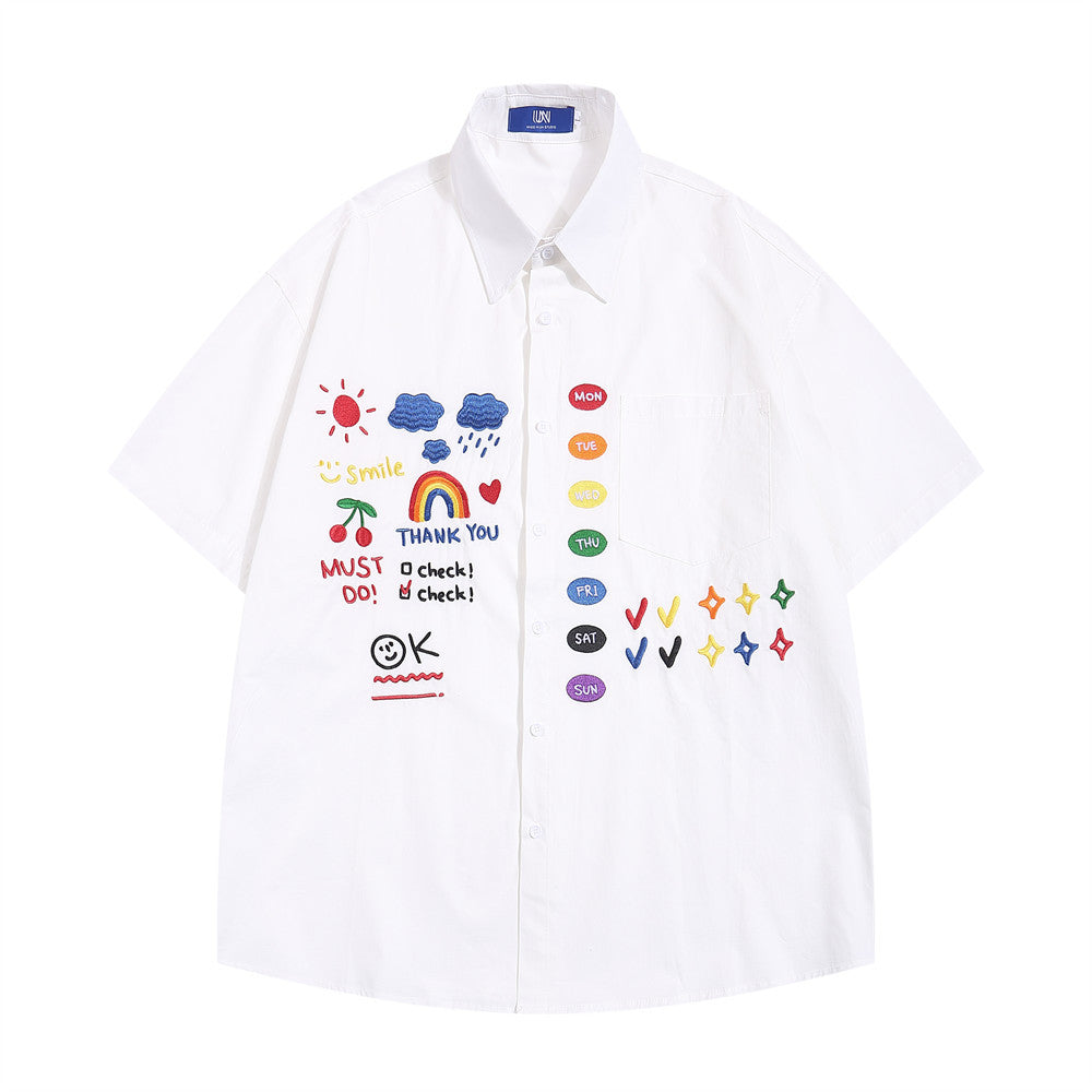 Camicia casual a maniche corte con ricamo cartone animato, marca Valstrend, tessuto leggero e stile informale.