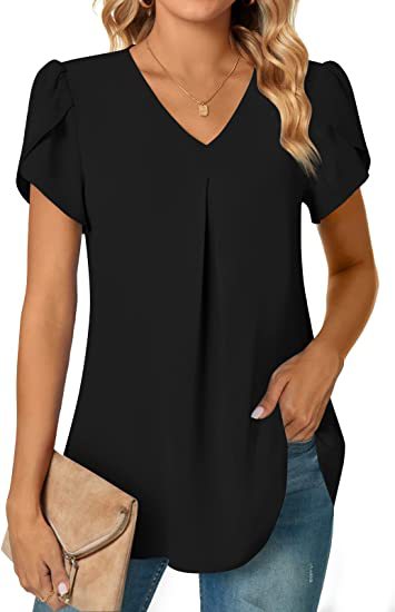 Camicia femminile in chiffon con scollo a V e dettagli a foglia di loto, marchio Valstrend, stile elegante e alla moda