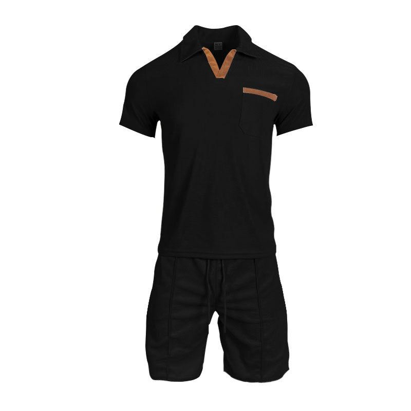Completo da uomo Valstrend in tessuto leggero con giacca a maniche corte e pantaloncini, stile estate con revers e design casual.