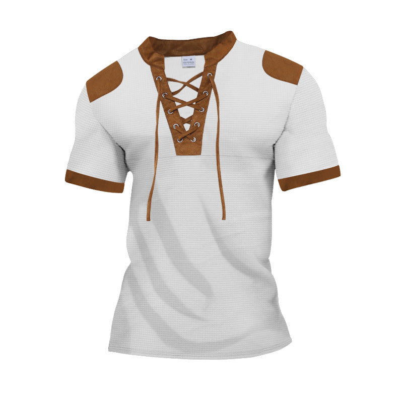 Camicia sportiva Henley Valstrend a maniche corte con collo a lacci, stile europeo e americano, tessuto leggero e casual.