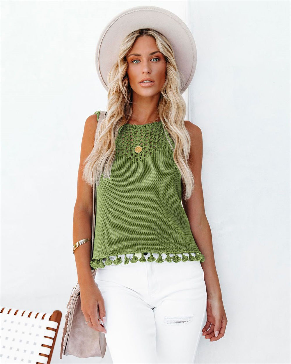 Round Neck Fashion Hollow Handmade Tassel Women's Vest