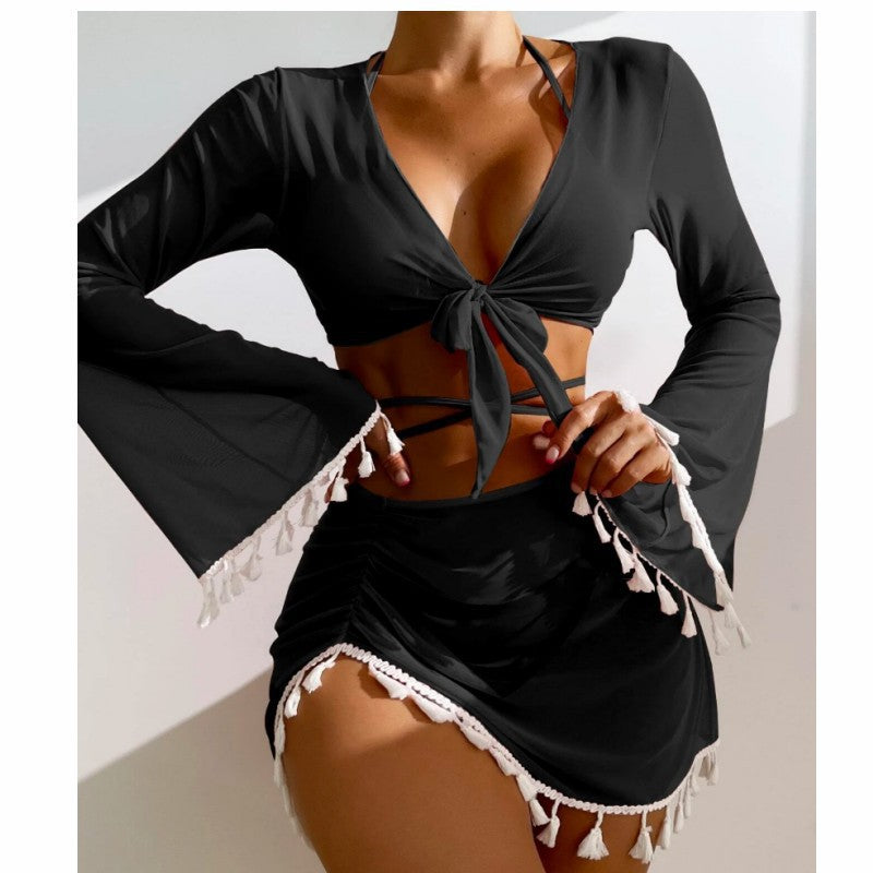 Costume da bagno bikini Valstrend con top a nappina e gonna in mesh, stile conservatore europeo e americano, quattro pezzi colorati.