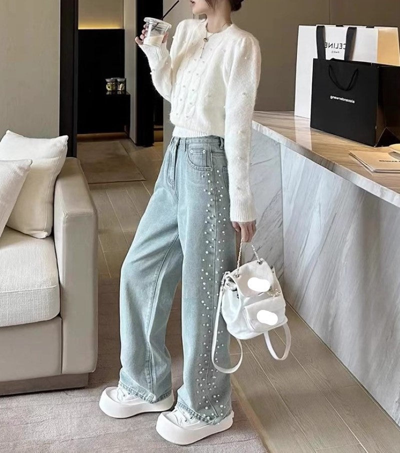 Jeans Valstrend Heavy Industry Beads vintage wash, vita alta e gamba larga, stile mopping, dettaglio di perline vintage.
