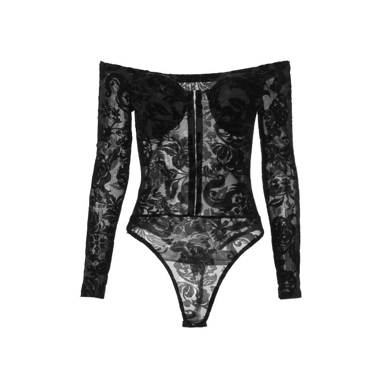 Lace Printed Slim-fit Jumpsuit European And American Style Flocking Off-shoulder Long-sleeved Top