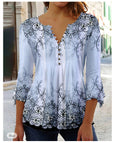 Fashion Flower Printed V-neck Three-quarter-length-sleeved T-shirt