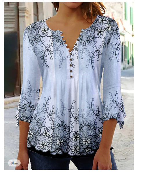 Fashion Flower Printed V-neck Three-quarter-length-sleeved T-shirt