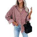 Camicia da donna Valstrend in velluto a coste con colletto polo, stile casual, colore solido, maniche lunghe e vestibilità comoda