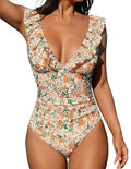 Costume da bagno intero da donna Valstrend con volant e fasce multicolori, tessuto leggero e stile estivo.