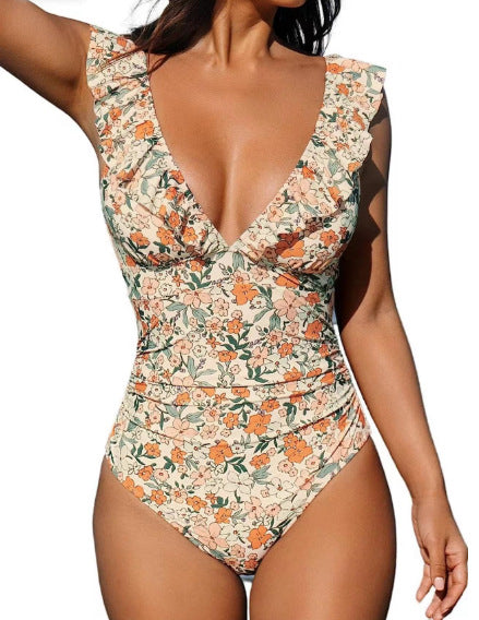 Costume da bagno intero da donna Valstrend con volant e fasce multicolori, tessuto leggero e stile estivo.