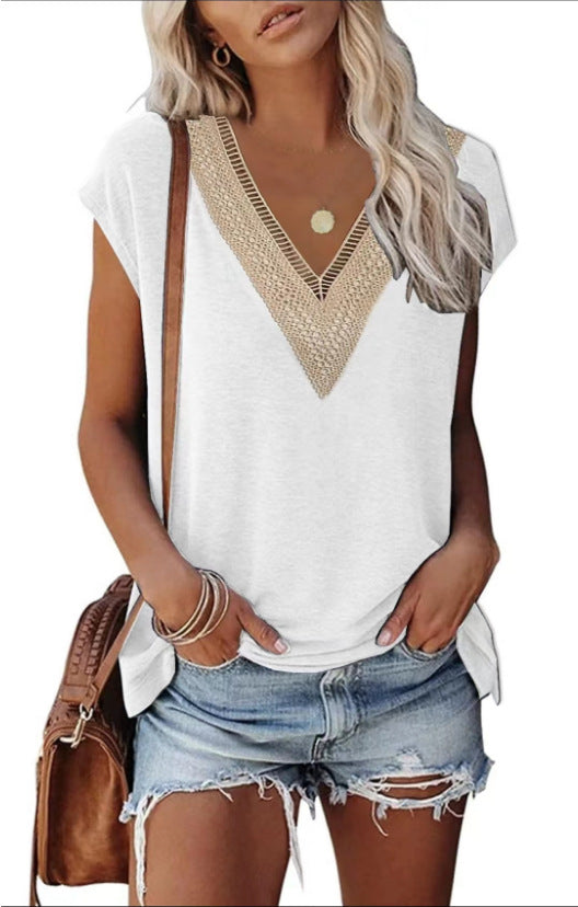 Women's Fashion V-neck Lace Stitching Short Sleeve Casual Loose Top