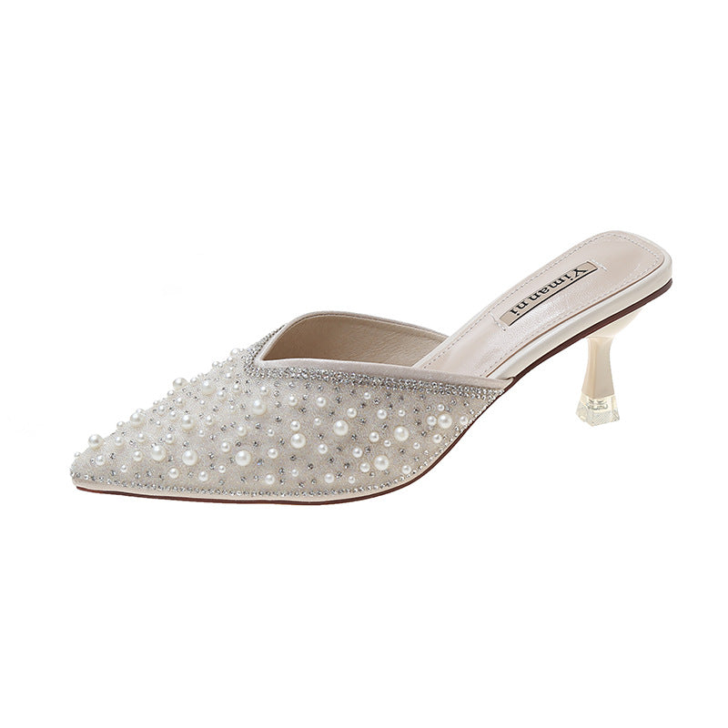 Sandali da donna Valstrend con tacco stiletto appuntito, decorati con diamanti e perle, eleganti e alla moda.