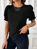 Camicia Valstrend da donna a maniche lunghe con scollo rotondo in tinta unita, stile semplice ed elegante, vista frontale