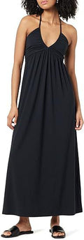 Vestito da donna Valstrend con scollo a V, halter, plissettato e senza maniche, elegante e leggero, visualizzato frontalmente.