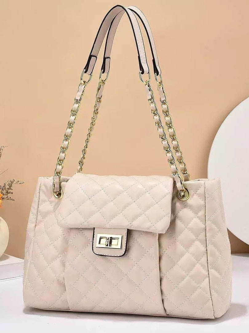 Borsa a tracolla da donna Valstrend, grande capacità, con cuciture semplici e dettagli a rombo in tessuto colorato.
