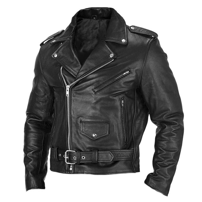 Giacca in pelle da uomo Valstrend per motociclisti, abbigliamento primavera e autunno, dettagli in pelle nero e stile avventuroso