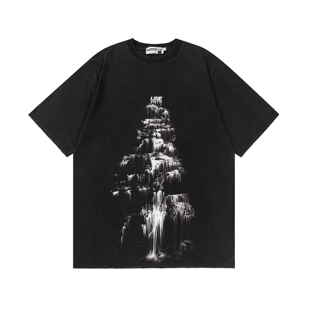 T-shirt con stampa a cascata d'acqua Valstrend, maniche corte, tessuto leggero e design fluido, ideale per stile casual.