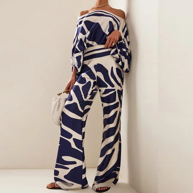 Set estivo da donna Valstrend, completo casual con maglietta a maniche a pipistrello e pantaloni larghi a vita alta con stampa.