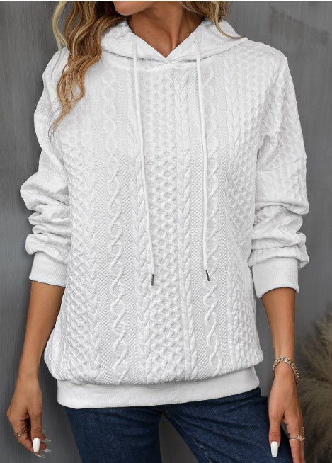 Felpa lunga con cappuccio e lacci, taglia comoda, tessuto jacquard casual, marca Valstrend shop, maniche lunghe e dettagli eleganti
