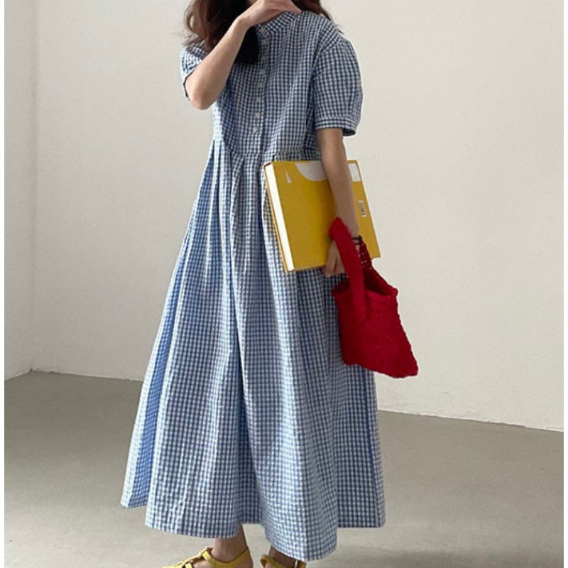 Retro Crew Neck Loose Casual Plaid Overknee Long Dress