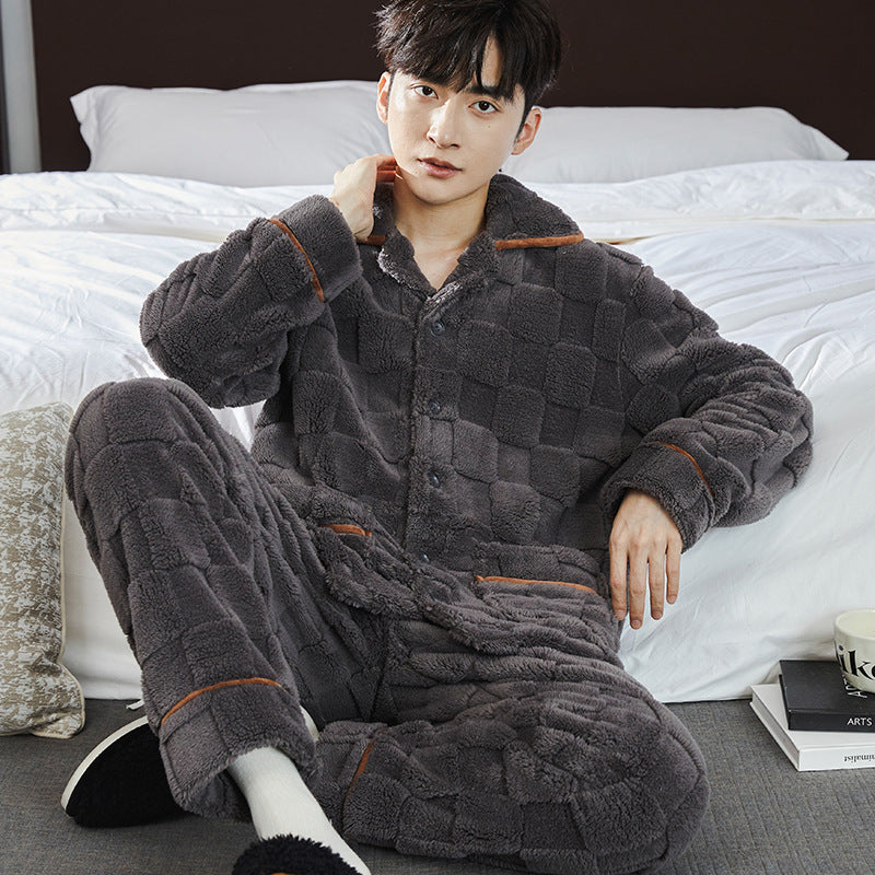 Pigiama uomo Valstrend in jacquard flanella, morbido e caldo con fodera in fleece, comodo abbigliamento da relax invernale