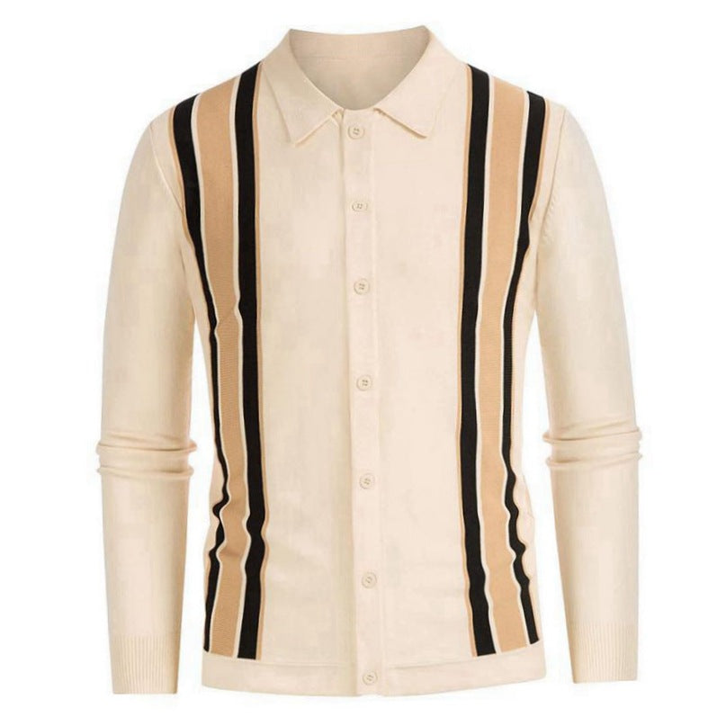 Camicia sottile da uomo in maglia primaverile con righe e splicing, marca Valstrend, mostrata con dettagli in tessuto a righe.