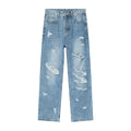 Jeans uomo blu lavato con fori dritti Valstrend, tessuto denim, dettagli usurati e stile casual.