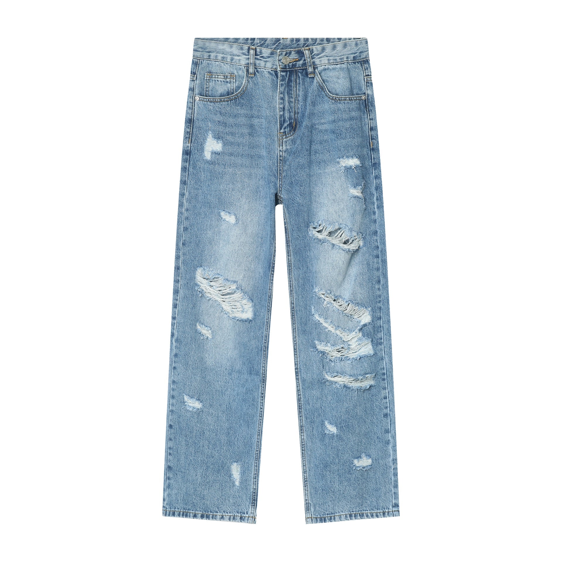 Jeans uomo blu lavato con fori dritti Valstrend, tessuto denim, dettagli usurati e stile casual.