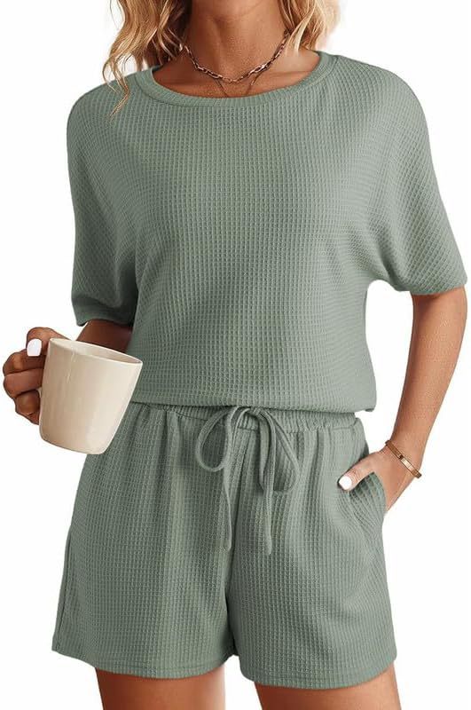 Set donna Valstrend, pigiama casalingo a maniche corte in tessuto waffle color solido, due pezzi comodo e casual.