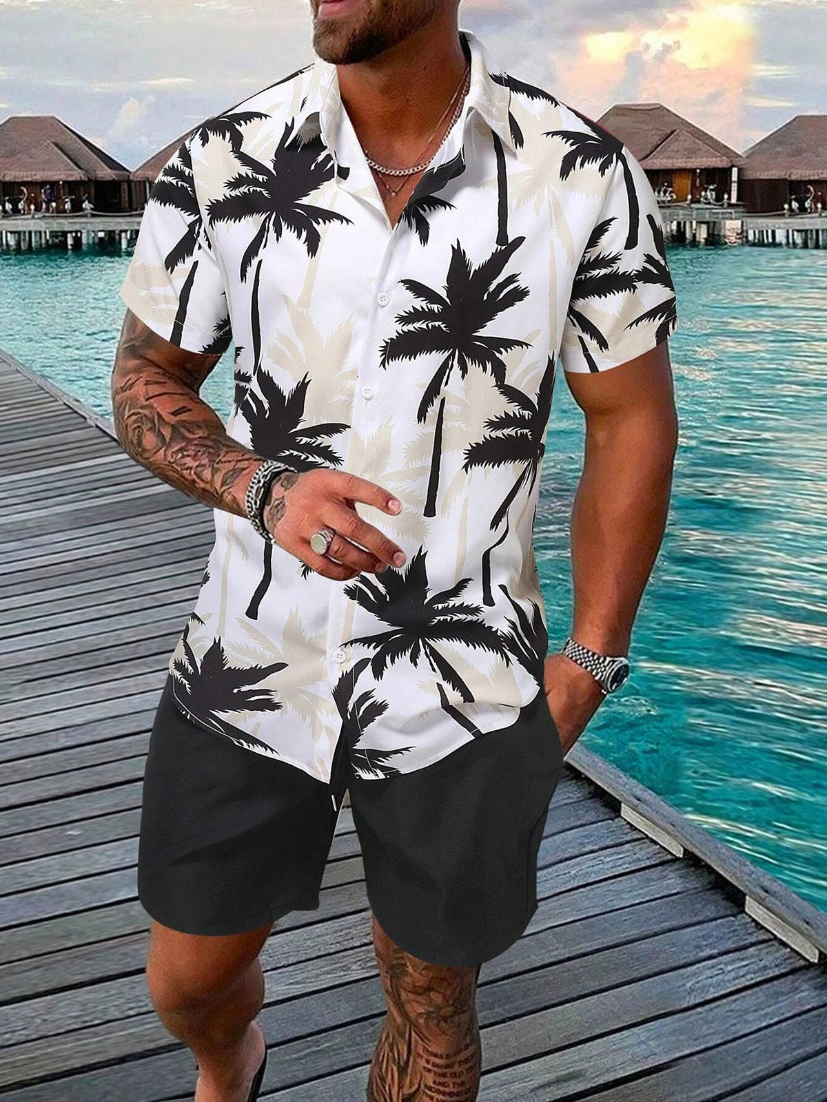 Completo da uomo Valstrend con camicia a maniche corte e pantaloni da spiaggia stampati 3D, stile casual estivo.