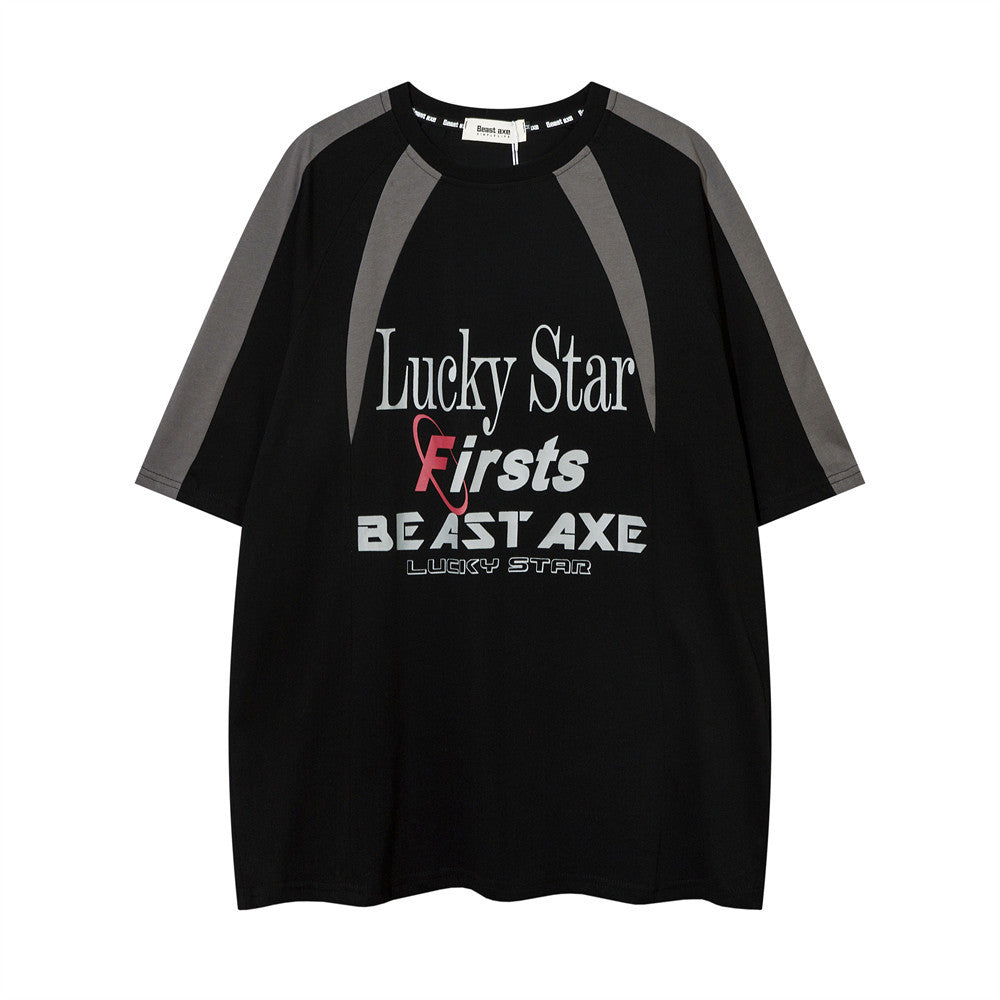 American Stitching Contrast Color Letter Print Short-sleeve