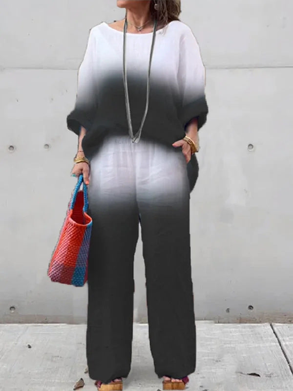 Completo donna in cotone e lino a gradient, due pezzi, abbigliamento moda Valstrend, vestito estivo elegante e confortevole